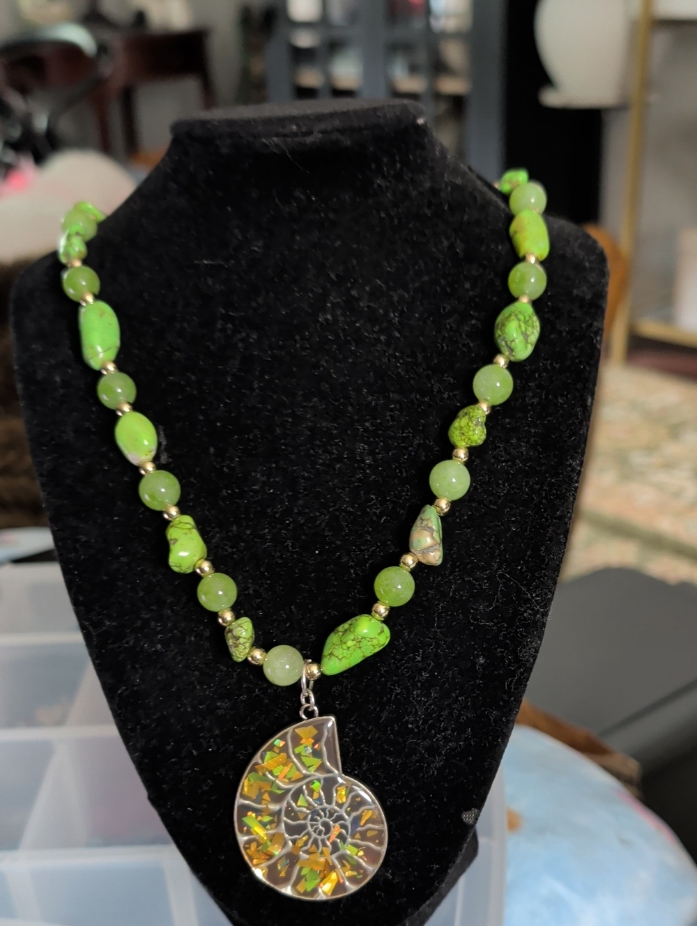 Green Beaded Turquoise Necklace with Nautilus Pendant